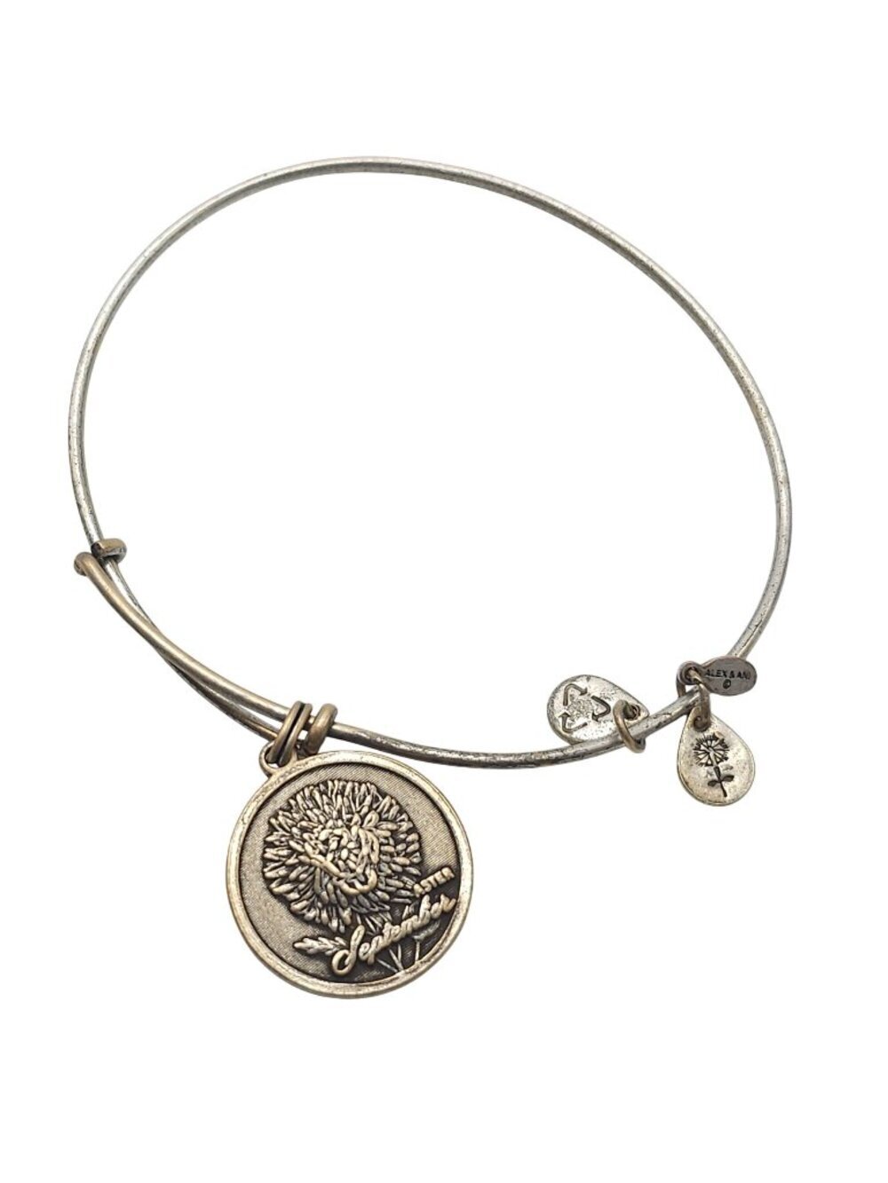 Alex & Ani September Aster Charm Bangle Bracelet Adjustable Recycled Metal